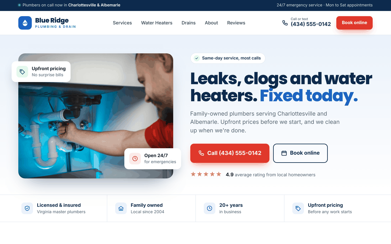 After: a clean, modern plumber's website with a big call button, a Book online button and trust badges