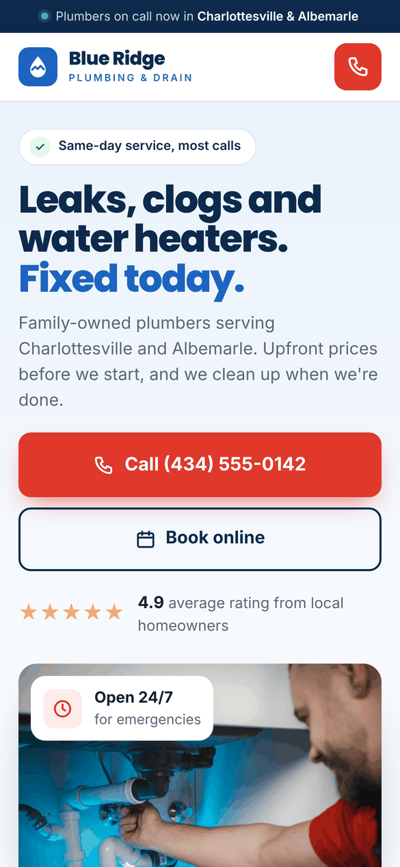 New plumber's site on a phone: big headline and a tap to call button