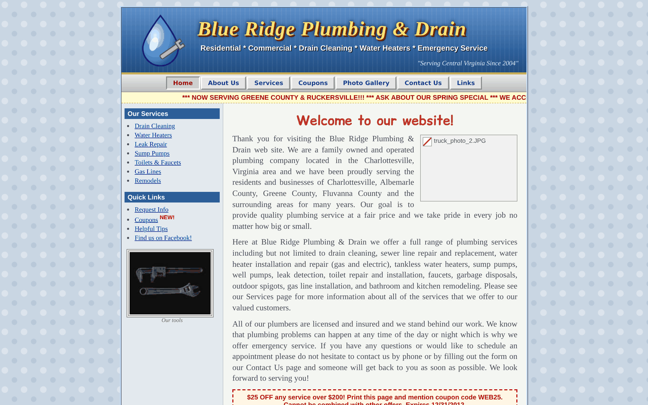 Before: an old, cluttered plumber's website with a wall of text and the phone number buried at the bottom
