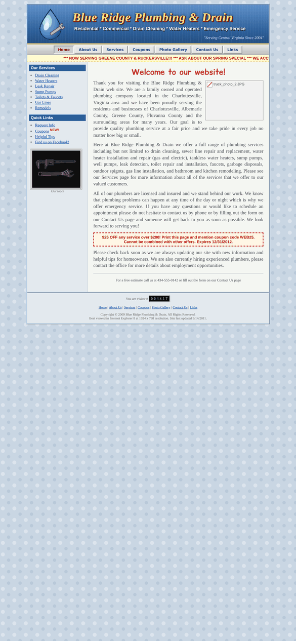 Old plumber's site on a phone: tiny, zoomed out text
